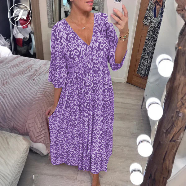 Bohemian Casual Print V-Neck Waist Wrap Long Dress